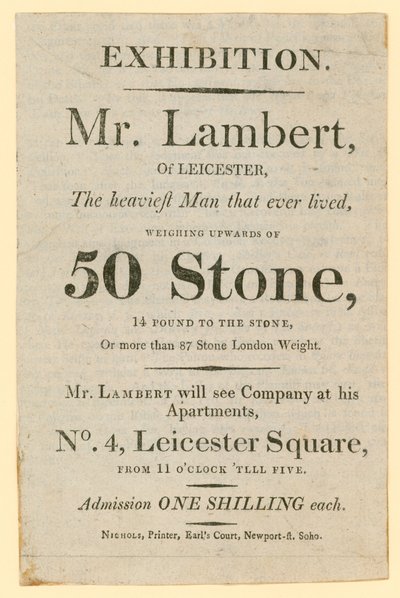 Advert for an Exhibition Featuring Mr Daniel Lambert Who Weighed 50 Stone by English School