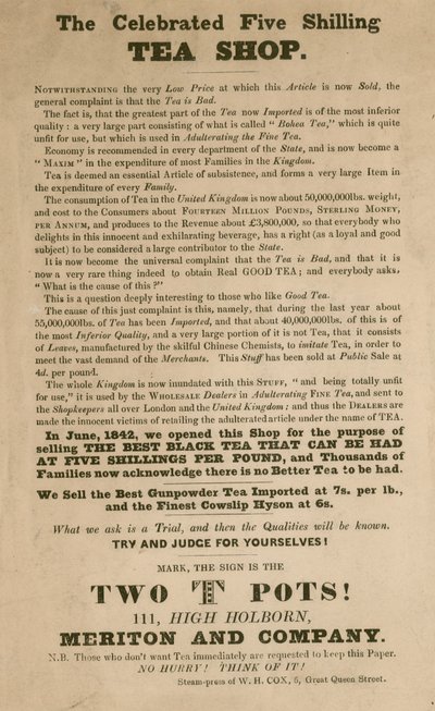 Advert for the Celebrated Five Shilling Tea Shop, Meriton and Company by English School