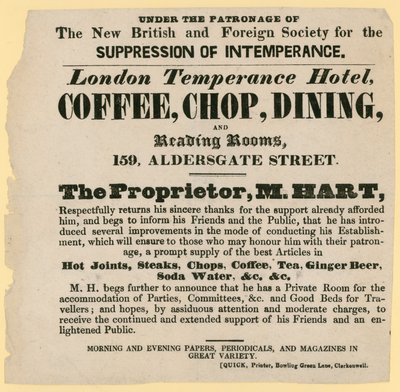 Advert for the London Temperance Hotel, under the patronage of the New British and Foreign Society for the Suppression of Intemperance by English School
