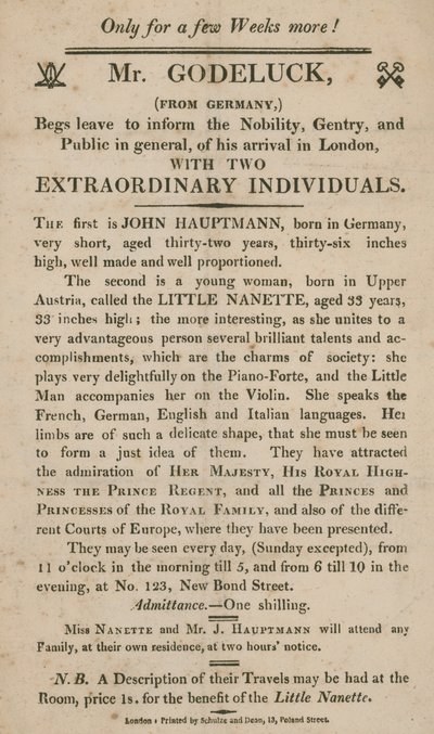 Advert for the Appearance of Two Extraordinary Individuals by English School