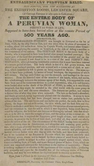 Advert for the Exhibition of the Mummified Body of a Peruvian Woman by English School