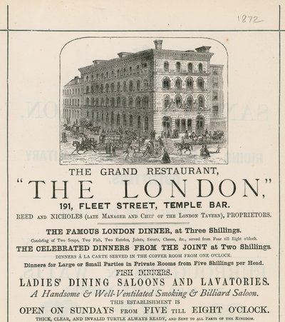 Advert for the grand restaurant The London, 191 Fleet Street, Temple Bar by English School