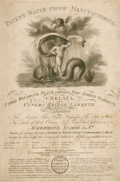 Advertisement for Ackermann, Stardy & Co., Patent Water-Proof Manufactories by English School