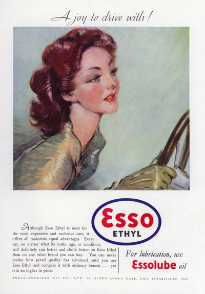 Advertisement for Esso Ethyl Oil, Showing Glamorous Woman Driving, 1937 by English School