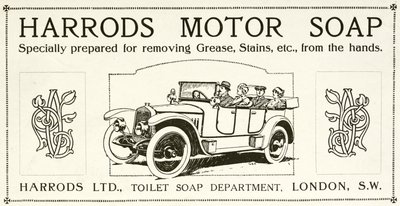 Advertisement for Harrods motor soap by English School