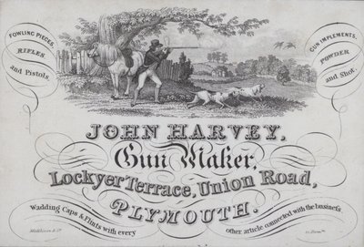 Advertisement for John Harvey, Gun Maker, Plymouth, Devon by English School