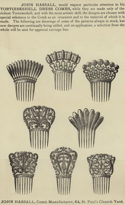 Advertisement for John Hassall Tortoiseshell Dress Combs by English School