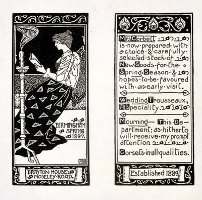 Advertisement for Mrs Corbett at Drayton House, Birmingham, 1897 by English School