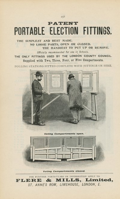 Advertisement for Patent Portable Election Fittings by English School