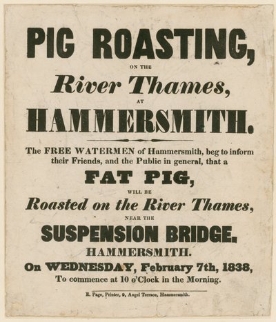 Advertisement for Pig Roasting on the River Thames by English School