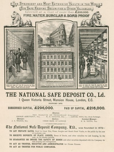 Advertisement for The National Safe Deposit Company, 1 Queen Victoria Street, Mansion House, London by English School