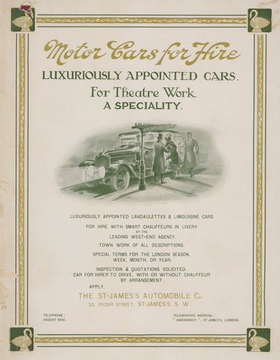 Advertisement for motor cars for hire from the St James