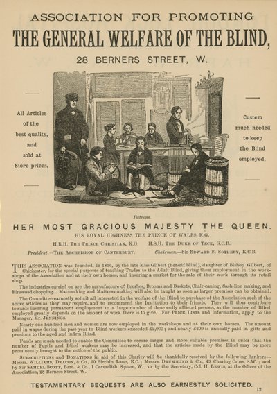 Advertisement for the Association for Promoting the General Welfare of the Blind by English School