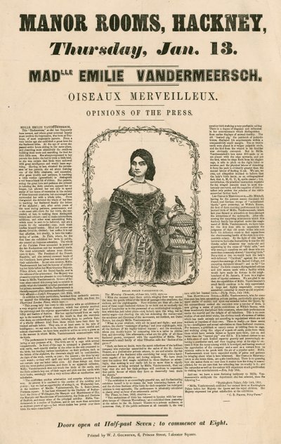 Advertisement for the appearance of Mademoiselle Emilie Vandermeersch, Oiseaux Merveilleaux at the Manor Rooms, Hackney, London by English School
