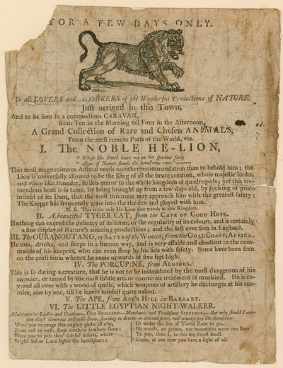 Advertisement for the Appearance of a Collection of Rare Animals, Including a Lion, Tiger, Porcupine and Ape by English School
