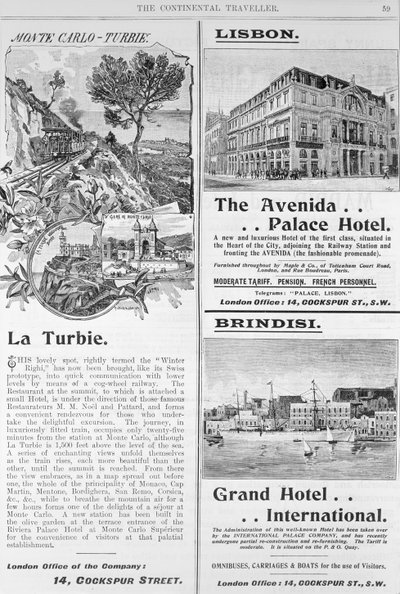 Advertisements for La Turbie Restaurant, The Avenida Palace Hotel and the Grand Hotel International, from Page 59 of 
