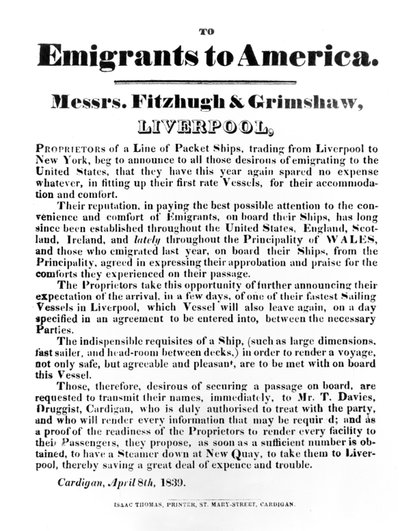 Advertisment for Packet Ships to America, 1839 by English School