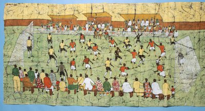 African batik illustrating a football match with crowds watching in the stands by English School
