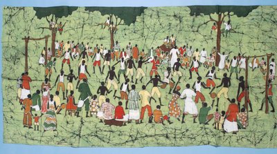 African batik, illustrating and football match with spectators watching by English School