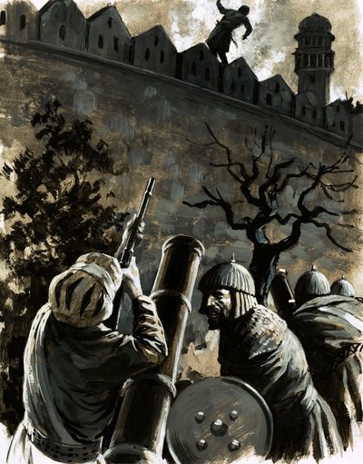 Akbar, King of Hindustan, called for a musket and, taking aim, killed Jaimal, the commander of the fort by English School