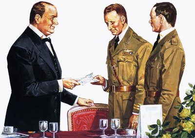 Alcock and Brown receiving a prize from Winston Churchill by English School