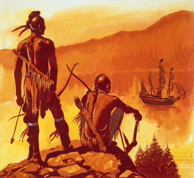 American Indians looking at invaders