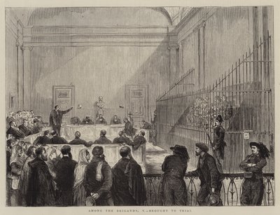 Among the Brigands, V, brought to Trial (engraving) by English School