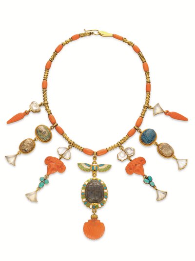 An Egyptian Revival Coral, Multi-Gem and Gold Necklace, c. 1870s by English School