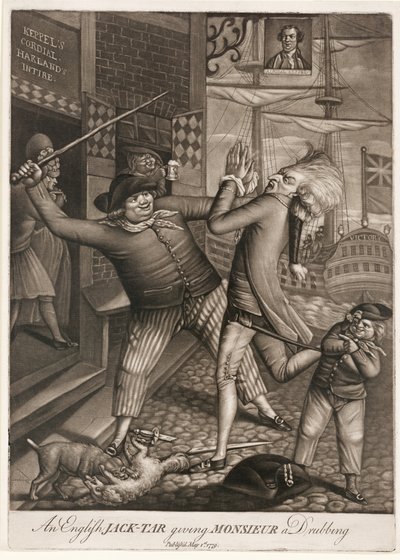An English Jack-Tar Giving Monsieur a Drubbing, pub. 1779 by English School