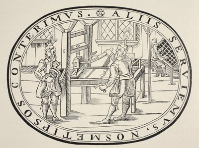 An English Printing Office, 1619 by English School