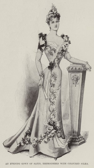 An Evening Gown of Satin, embroidered with Coloured Silks by English School