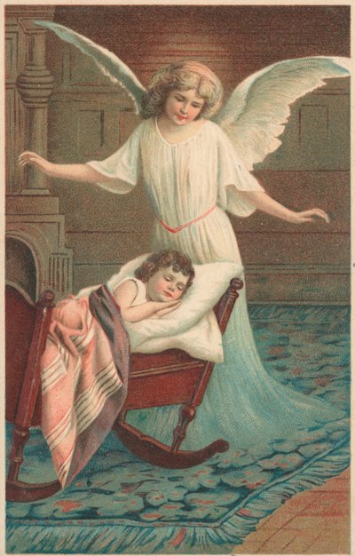 An angel standing over a child sleeping in a cot by English School