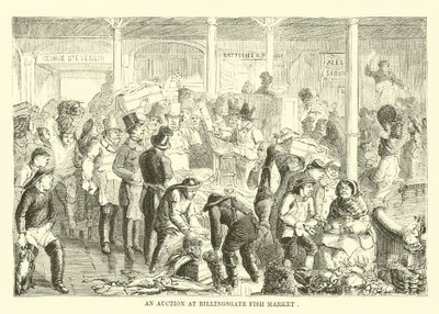An Auction at Billingsgate Fish Market by English School