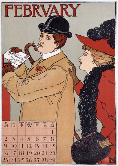 An Elegant Couple (Man Posts a Letter), English Calendar Image, Month of February, Late 19th Century by English School