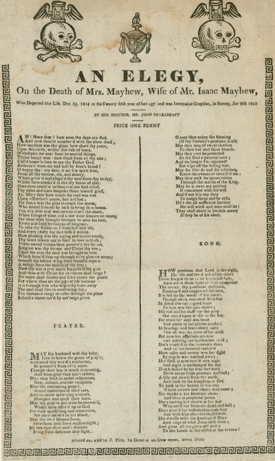An elegy on the death of Mrs Mayhew, wife of Mr Isaac Mayhew by English School