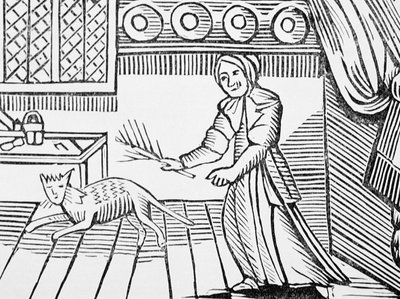 An old woman whipping her cat for catching mice on a Sunday, from a collection of chapbooks on esoterica by English School