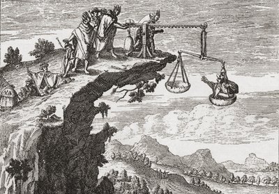 An unusual method of extorting confessions from criminals, after a 16th century drawing by Theodorus de Bry. The scene shows the criminal sitting in the scales of injustice whilst a priest leans over the precipice ready to receive his confession by English School