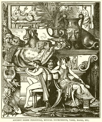 Ancient Greek Furniture, Musical Instruments, Vases, Masks, Etc. by English School