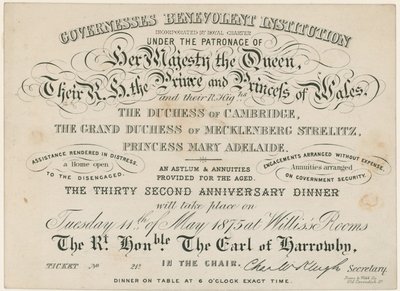 Anniversary Dinner for the Governesses Benevolent Institution, 1875 by English School