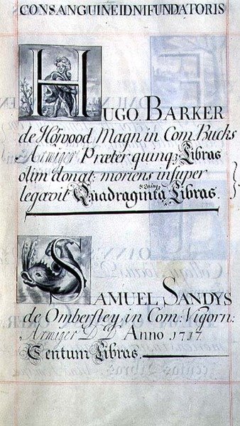 Page listing two benefactors of New College, Oxford; Hugo Barker and Samuel Sandys, from a Benefaction Book by English School