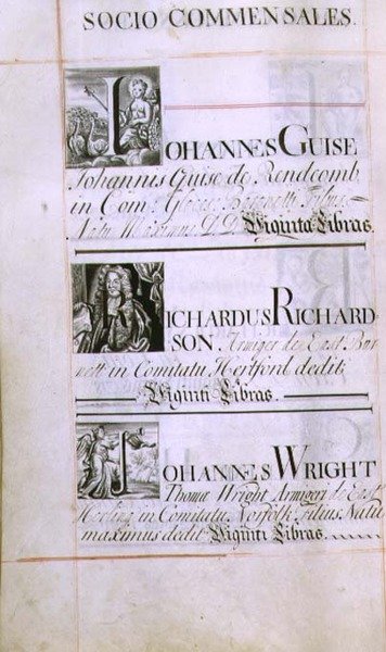 Archive 3693 f.60v Page listing three benefactors of New College, Oxford; Johannes Guise, Richardus Richardson and Johannes Wright, from a Benefaction Book, 16812-84 by English School