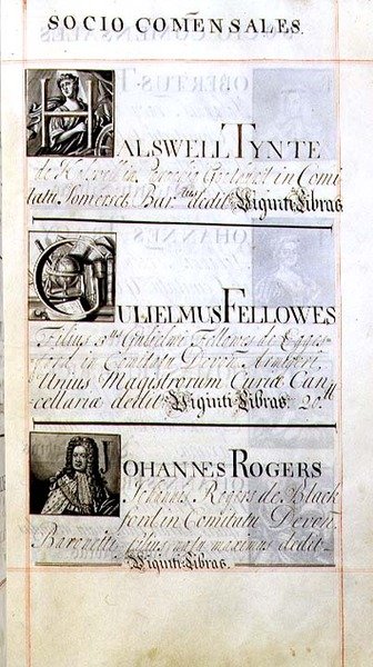 Page listing three benefactors of New College, Oxford; Halswell Tynte, Gulielmus Fellowes and Johannes Rogers, from a Benefaction Book by English School