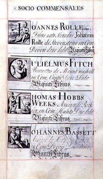 Page listing four benefactors of New College, Oxford; Joannes Rolle, Gulielmus Fitch, Thomas Hobbs Weeks and Johannes Bassett, from a Benefaction Book by English School