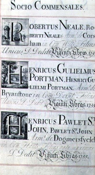 Page listing three benefactors of New College, Oxford; Robertus Neale, Henricus Gulislmus Portman and Henricus Pawlet St. John by English School