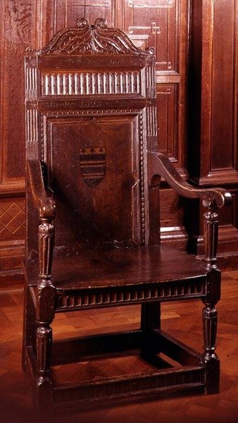 Armchair painted with armorial device surrounded by dentil ornament, Yorkshire, early 17th century by English School