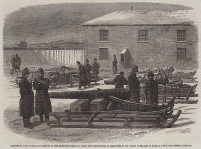 Armstrong Guns packed on Sleighs in the Ordnance-Yard, St John, New Brunswick, in Readiness to be taken overland to Canada by English School
