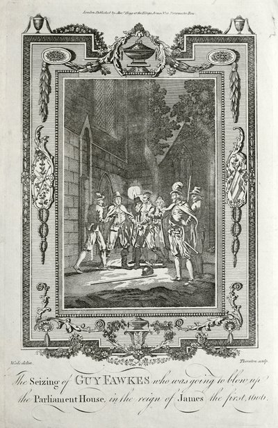 Arrest of Guy Fawkes for attempting to blow up the Houses of Parliament in the Gunpowder Plot, 5 November 1605 by English School