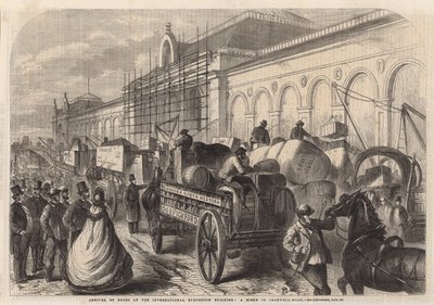 Arrival of goods at the International Exhibition building; a scene in Cromwell Road by English School