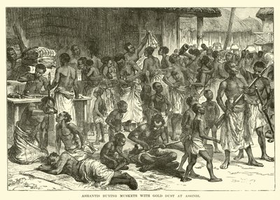 Ashantis buying muskets with gold dust at Assinie by English School