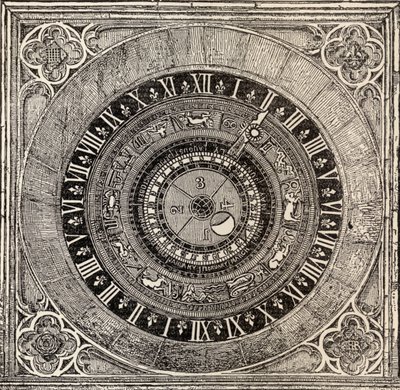 Astronomical clock in Hampton Court Palace, from History of Hampton Court Palace in Tudor Times by Ernest Law, published London 1885 by English School